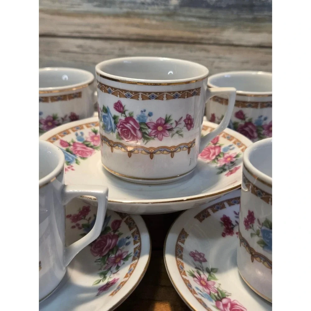 Vintage Floral Tea Cups and Saucers Set of 6‎ Porcelain Espresso Coffee Date